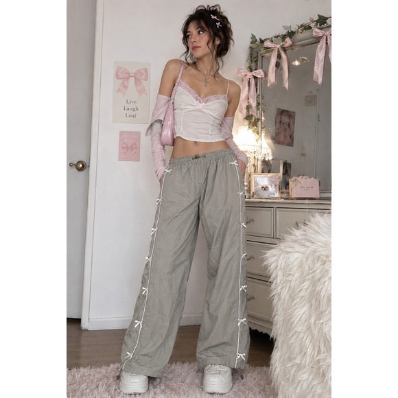 Coco + Shay Pants - Y2K Coquette Bow Parachute Cargo Pants Fairy Grunge Wide Leg Balletcore M